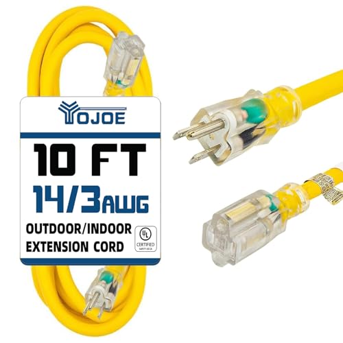YOJOE Indoor Outdoor Extension Cord with Lighted End, 3 Prong 15A Weatherproof Power Cord, 14 Gauge Heavy Duty 10 ft Yellow Extension Cord for Garage, Garden and Home, 14/3 SJTW UL Listed - color: Yellow, size: 10 Foot