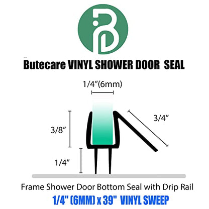 Butecare Premium Frameless Shower Door Bottom Seal Strip for Glass Doors - Shower Door Seal Sweep (1/4”x 39”, Clear Vinyl) - size: 1/4”x 39”