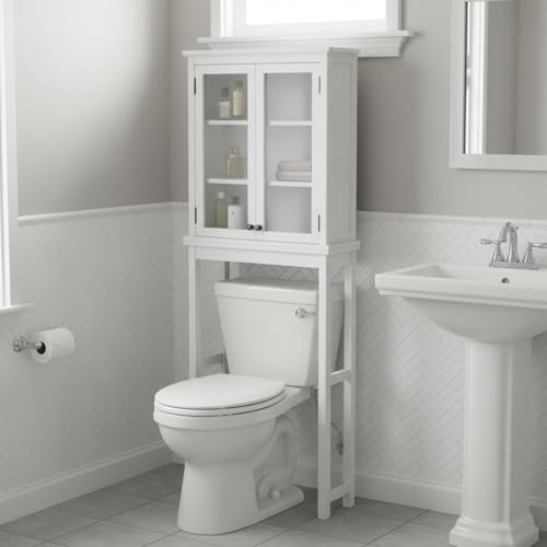 Alaterre Furniture Dorset Over-The-Toilet Storage Cabinet with Tempered Glass Doors – White Wood Bathroom Space Saver Organizer with Adjustable Shelves, Hutch & Wall Mount Hardware - size: Toilet Shelf + Glass Door Cabinet
