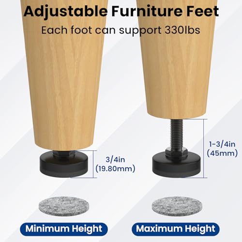 4 Pcs Adjustable Furniture Feet, 3/8" Heavy Duty Threaded Furniture Leveling Feet, Leg Levelers Screw in with Threaded Inserts for Table, Cabinets, Chair, Sofa Black