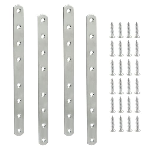 4 Pack 10 Inch Stainless Steel Flat Plate Straight Bracket Flat Metal Brace Bracket, 250mm Metal Brackets Mending Repair Plate Brace with Screws for Wood Straight Brace - size: 10"-250mm-Silver
