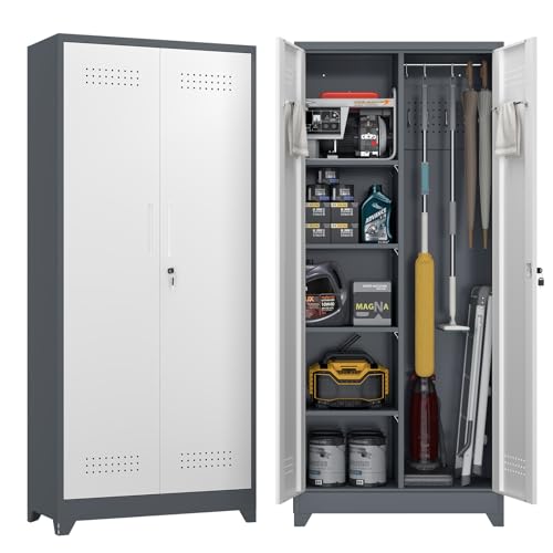 72.8" H Metal Garage Storage Cabinets with Doors and Shelves, Broom Closet Storage Cabinet, Tool Cabinets with Hanging Rod, Cleaning Storage Cabinets for Garage,Bedroom Office Grey&White - color: Gray&white, size: 72.8''H-Cleaning cabinet