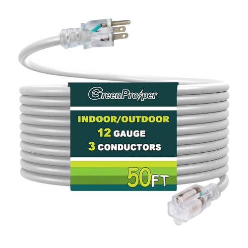 50 FT White Extension Cord with Lighted End, 12 AWG 3 Prong Indoor Outdoor Heavy Duty Waterproof Power Cable for Major Appliance, 12/3 SJTW UL Listed - color: White, size: 50 FT