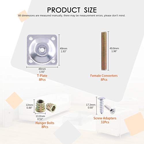 8 Sets Leg Mounting Plates with Hanger Bolts Screws Furniture Legs Attachment Plates Industrial Strength T-Plate 5/16" (M8) for Sofa Couches Chair Seats