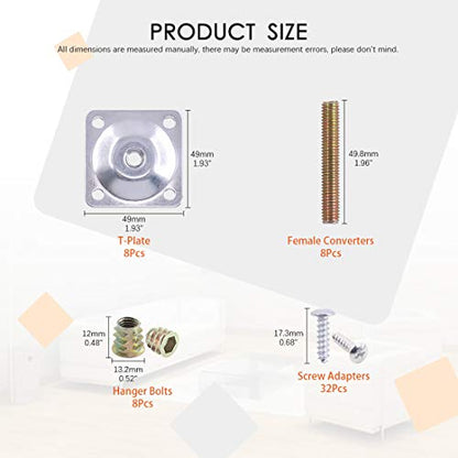8 Sets Leg Mounting Plates with Hanger Bolts Screws Furniture Legs Attachment Plates Industrial Strength T-Plate 5/16" (M8) for Sofa Couches Chair Seats