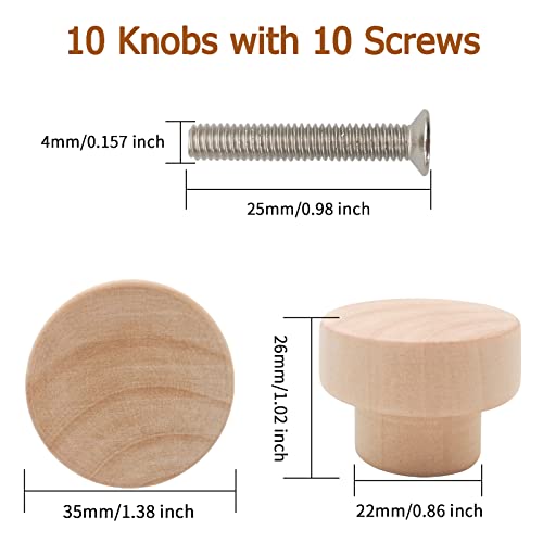 10PCS Wood Knobs Flat Top Round Cabinet Knobs 1.39"(35mm) Unfinished Wooden Dresser Drawer Pulls Kitchen Cabinet Handles - color: Flat Top Unfinished, size: 10 Pieces