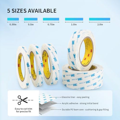 3M 1600T Double Sided Tape, PE Foam Tape 0.5" x 18 Ft White Removable Strong Adhesive No Residue for RV Picture Hanging, Posters Frames Wall Decor Indoor & Outdoor Use - size: 0.5" x 18Ft