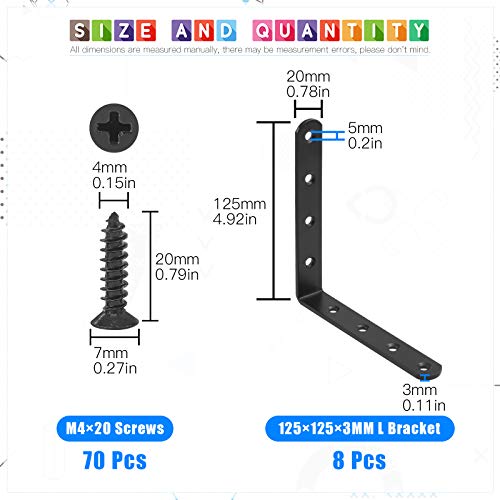 Glarks 8 Sets Right Angle Bracket - 125x125x3mm Black L Bracket for Wood Chair Bookshelf Board Window Furniture Cabinet - size: 125x125x3mm