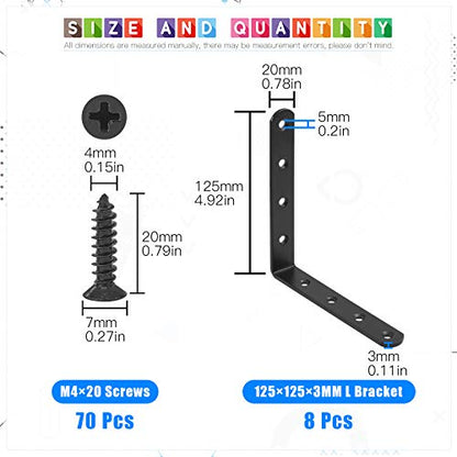 Glarks 8 Sets Right Angle Bracket - 125x125x3mm Black L Bracket for Wood Chair Bookshelf Board Window Furniture Cabinet - size: 125x125x3mm