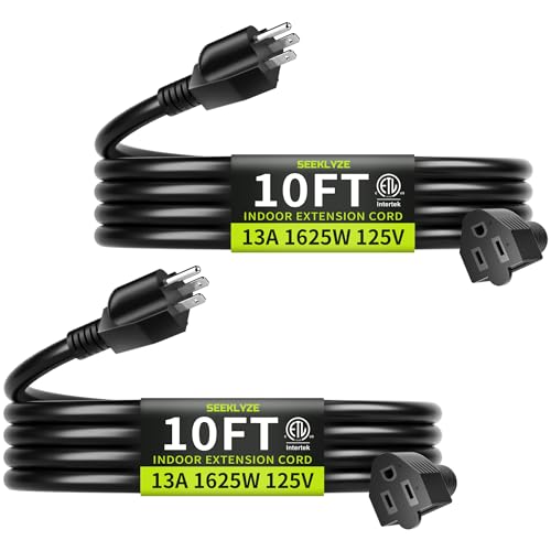 10 FT (2Pack) 13A 1625W 16/3 Black Extension Cord, Indoor Extension Cord for Laptops, Coffee Makers, Office Home Appliances, 3 Prong Resistant Cable Flexible, 125V ETL Listed - color: Black, size: 10ft-2pc, style: 16AWG Extension Cord