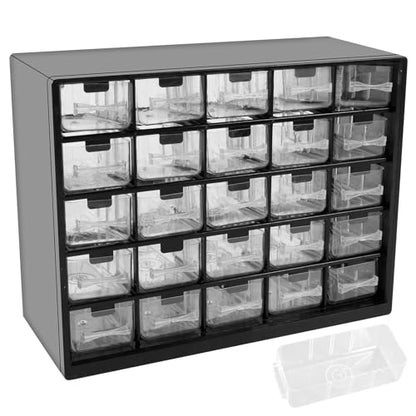 25 Drawers Stackable Storage Cabinet with 50 Removable Dividers, Clear Small Parts Organizer for Hardware, Crafts & Beads, Desktop Drawer Unit for Office Supplies & Teacher Toolbox, 11.5×8.9×4.8 In