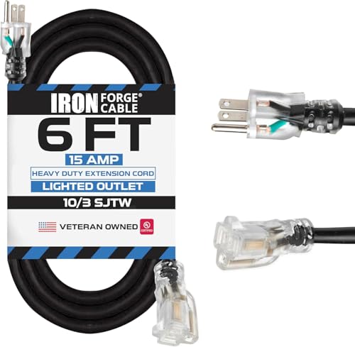Iron Forge Cable Lighted Heavy Duty Extension Cord 6 ft - 10 Gauge Outdoor Extension Cord 15 AMP, 10/3 Black Power Cable SJTW Weatherproof with 3 Prong - color: Black, size: 6 Foot
