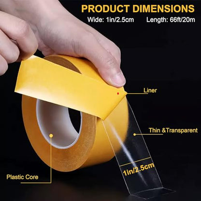 Ultra-Thin Heavy Duty Double Sided Tape - 1 Inch x 66 Feet, Clear Strong Two Sided Stick Mounting Tape for Walls, Woodworking, Crafts, Poster, Arts, Rug Fixed, Scrapbook, Curtains, No Residue - size: 1Inch x 66Feet