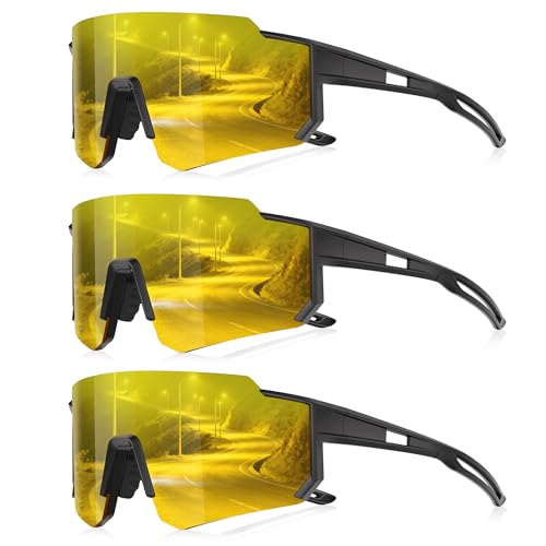 3 Pack Polarized Sunglasses for Men Women, Sports Mens Sunglasses with UV Protection for Baseball Cycling Running - color: B01-yellow/Yellow/Yellow