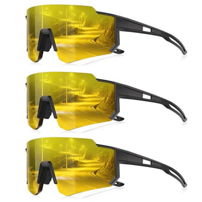 3 Pack Polarized Sunglasses for Men Women, Sports Mens Sunglasses with UV Protection for Baseball Cycling Running - color: B01-yellow/Yellow/Yellow