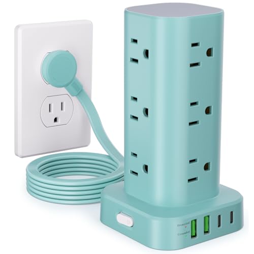 Power Strip Tower with Multiple Outlets, Flat Plug Surge Protector Tower Extension Cord with 12 AC Outlets 4 USB Ports (2 USB C), 6FT Cord Power Tower Surge Protector for Home Office Dorm Room, Blue - color: Blue, size: 6FT without Wireless Charging