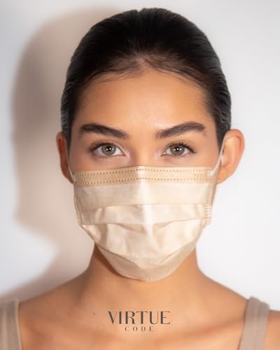 VIRTUE CODE On The Go Curved Face Masks - Soft 3 Ply Comfort 50 Disposable Face Masks - color: Beige