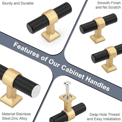 5Pack Single Hole Black Cabinet Knobs with Gold Champagne Base T Shaped Dold Kitchen Cabinet Knobs Hardware Pull Knob for Cabinets and Drawers 50mm Total Length - color: Black with Champagne Gold Base, size: Single Hole-2inch Length
