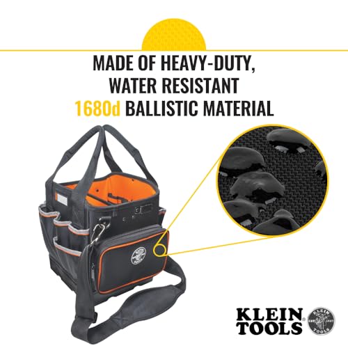 Klein Tools 5541610-14 Tool Bag with Shoulder Strap Has 40 Pockets for Tool Storage and Orange Interior - size: 10-inch Tote
