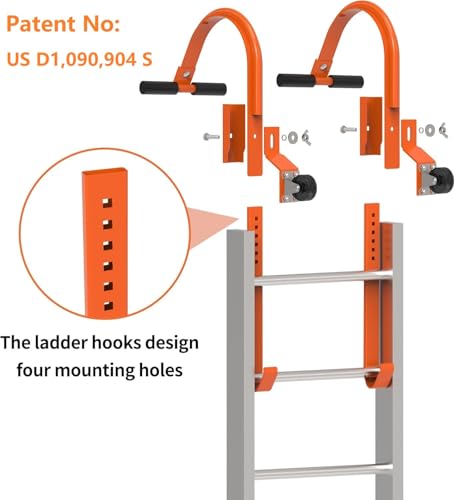 Ladder Roof Hook 2 Pack with Wheel Heavy Duty Steel Ladder Stabilizer, Roof Ridge Extension, Wheel Rubber and Rubber Grip T-Bar for Damage Prevention, for Damage Prevention