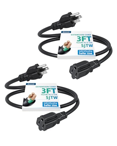 DEWENWILS 3Ft Outdoor Extension Cord, Short Extension Cord 16 AWG SJTW for Indoor Use, 3 Prong Grounded Outlets Plugs, Small Power Cable for Decor and Lights, Black, ETL Listed, 2 Pack - color: Black, size: 3 feet