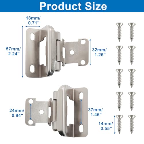 4 Pack (2 Pair) Silver 1/2" Overlay Cabinet Hinges, Partial Wrap Self Closing Kitchen Cabinet Hinges Semi Hidden Cupboard Hinges with Screws - color: Silver