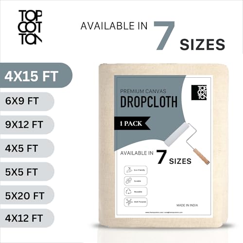 Top Cotton Canvas Drop Cloth 1Pc, Reusable Paint Drop Cloth, 100% Recycled Cotton Canvas Tarp Cover for Painter, Furniture, Floor Protection, All Purpose Painters Dropcloth for Christmas DIY (4x15FT) - size: Pack of 1 - 4' x 15'