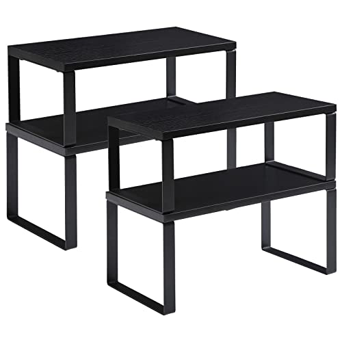 YMYNY Cabinet Shelf Organizer, Spice Racks Set of 4, Kitchen Counter Shelves, Stackable, Wood, Cupboard Organizer for Dishes, Seasoning, Cans, Coffee Mugs, Black, HSR002B-2 - color: Black