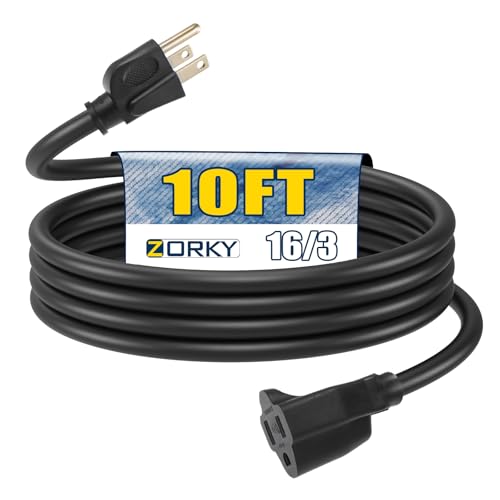 10ft Outdoor Extension Cord - 16/3 Heavy Duty SJTW Waterproof Black Electrical Cable with 3 Prong Grounded Plug for Safety, Great for Lawn and Major Appliances - color: Black, size: 10ft
