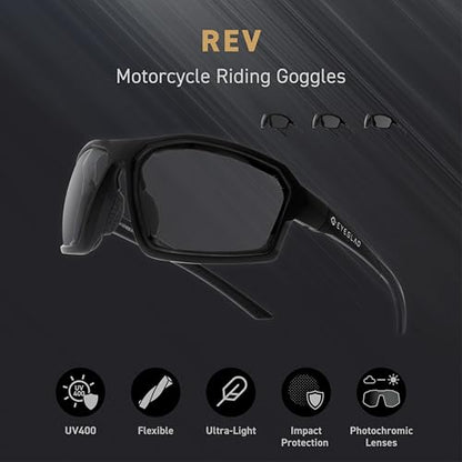 REV Z87+ Powersports Motorcycle Riding Goggles High Impact Photochromic UV400 Sports Wrap Sunglasses Safety Glasses - color: Crystal Black