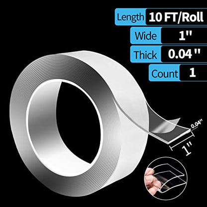 Art3d Double-Sided Tape (10FT), Traceless, Removable, Reusable, Washable - Multipurpose Tape as Seen on TV - size: 1/24" x 1" x 10'