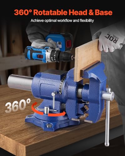 VEVOR Heavy Duty Bench Vise, 6-1/2" Jaw Width, 5" Max Jaw Opening Multi-Purpose Ductile Iron Bench Vise with Anvil, 360° Swivel Base Head, 3" Throat, 5620 lbs Clamp Force, for Pipe Repairing - size: 6.5inch