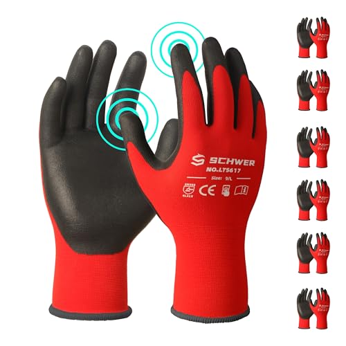 Schwer Ultra-Comfort Safety Work Gloves MicroFoam Nitrile Coated, Seamless Knit Nylon Glove for Men and Women, 6/12 Pairs, Abrasion Resistant, Non Slip, Breathable, LT5617, L - color: Red, size: Large