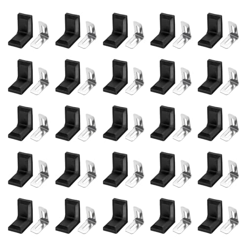 HARFINGTON 50pcs Metal Corner Braces 18x28x28mm L-Shape 90 Degree Right Angle Brackets Corner Braces with Plastic Brackets Screws for Furniture Support Chairs Wood Shelf Cabinets Box, Black - color: Black