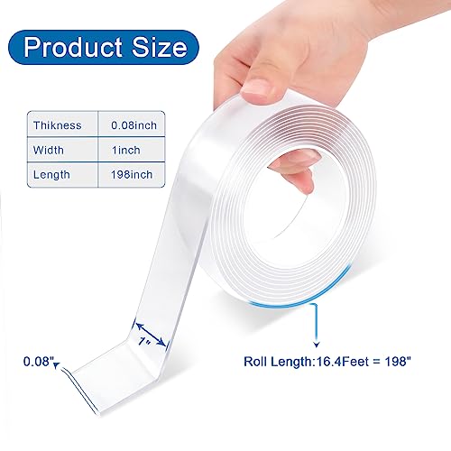 Heavy Duty Double Sided Mounting Tape, 1" x 198", Traceless and Removable Nano Tape for Outdoor and Indoor, Strong Adhesive Clear Two Sided Gel Grip Tape (16.4 FT) - size: 16.4ft