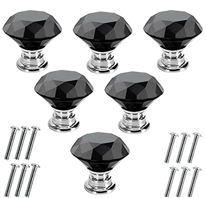 Akstore 6 Pcs Crystal Glass Cabinet Knobs 30mm Diamond Shape Drawer Kitchen Cabinets Dresser Cupboard Wardrobe Pulls Handles (30mm, Black) - color: Black, size: 30 mm