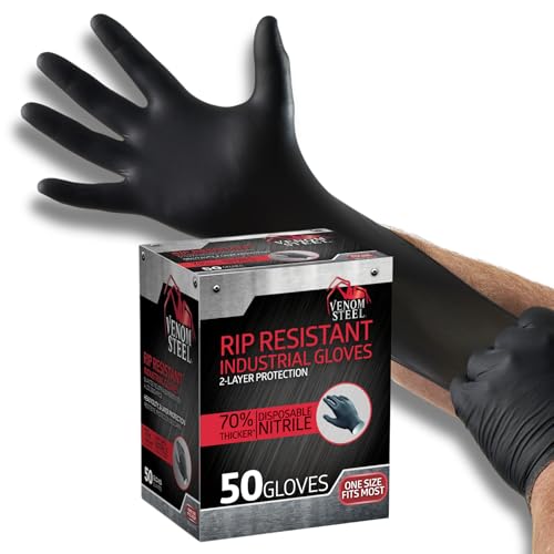 Venom Steel Industrial Nitrile Gloves, Chemical Resistant Disposable Black Gloves, Latex-Free, Powder-Free, Textured Grip, Heavy Duty Two-Layer Protection, 6 mil, One Size Fits Most, 50 Count - size: One Size Fits Most (Pack of 50)