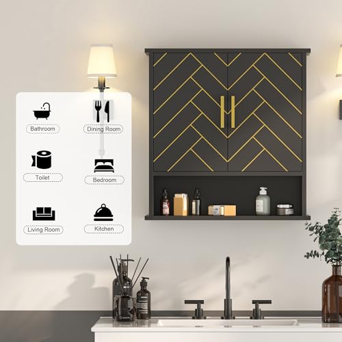 Black Chevron Pattern Bathroom Wall Cabinet, Modern Hanging Medicine Cabinet with Gold Hardware, Space-Saving Over Toilet Storage Organizer (23 5/8" x 22 7/8" x 7 1/8") - style: Chevron Pattern-Black