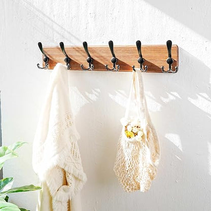Dseap Coat Rack Wall Mounted - 24" Long 6 Tri Hooks, Heavy Duty Wooden Wall Coat Hanger Coat Hook for Clothes Hat Jacket Clothing, Natural and Black, Pack of 2 - color: Natural & Black, size: L=24"