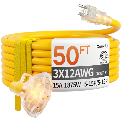 50 ft 12 Gauge Heavy Duty 3 Outlet Extension Cord Splitter with Indicator, Waterproof Outdoor Extension Cord with Multiple Outlets, 15A 1875W for Garden, ETL Listed, Flexible Yellow SJTW - size: 50FT