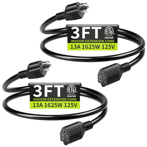 3FT (2Pack) 13A 125V 1625W ETL Listed, 16/3 Indoor Extension Cord Black, Short Extension Cord for Laptops, Coffee Makers, Office Home Appliances, 3 Prong Small Resistant Cable Flexible - color: Black, size: 3FT-2pc, style: 16AWG Extension Cord