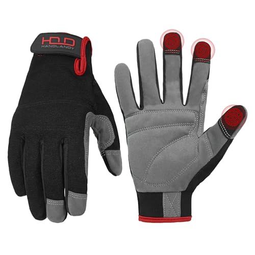 HANDLANDY Work Gloves for Men & Women, Utility Mechanic Working Gloves Touch Screen, Flexible Gardening Gloves for Yard - color: Black (1 Pair), size: Large