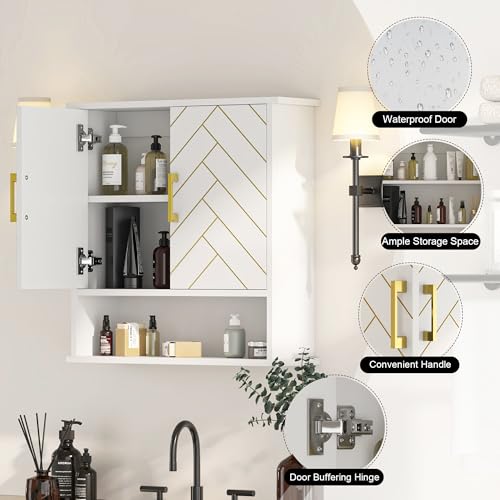 White Chevron Pattern Bathroom Wall Mount Cabinet, Stylish Hanging Medicine Cabinet with Open Shelf, Over The Toilet Storage for Bathroom Kitchen (23 5/8" x 22 7/8" x 7 1/8") - style: Chevron Pattern-White