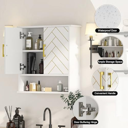 White Chevron Pattern Bathroom Wall Mount Cabinet, Stylish Hanging Medicine Cabinet with Open Shelf, Over The Toilet Storage for Bathroom Kitchen (23 5/8" x 22 7/8" x 7 1/8") - style: Chevron Pattern-White