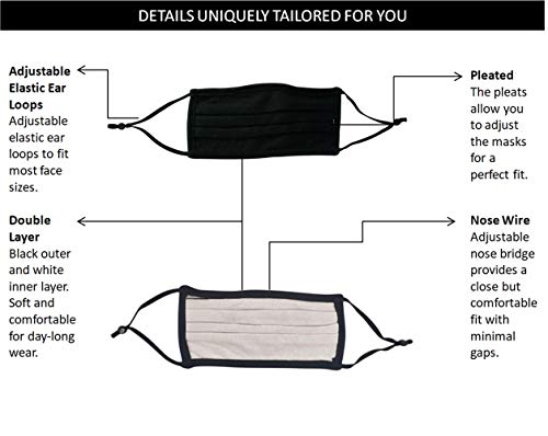 Simlu 6 Pack Unisex Reusable Pleated Fabric Face Mask with Adjustable Elastic, 2 Layer, Washable, Nose Wire Black Cloth Fits Men Women and Kids (OS Fits All, 6 Pack)