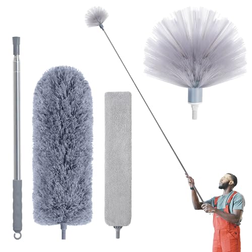 IVYROLL Duster with Extension Pole, Skinny Duster/Under Appliance Cleaning Tool & Spider Web Brush & Ceiling Cleaner, 100" Microfiber Feather Cleaner with Washable Head for Fan Furniture Wall - color: Set D: Spider Web Brush & Ceiling Duster & Gap Duster