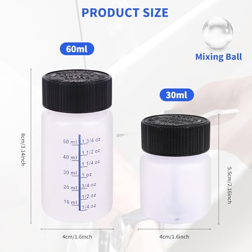 64 Pcs Touch up Paint Bottles with Applicator Brush and Lids 1 oz and 2 oz Liquid Capacity Plastic Leftover Container with Mixing Ball for Fixing Wall Stone Chip Car Surface