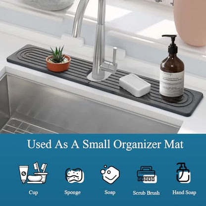 Diatomite Stone Faucet Mat for Kitchen Sink, 23.6 Inch Fast Drying Splash Guard, Super Absorbent Sink Tray Caddy for Dish Soap & Sponge, Bathroom Counter Protector & Organizer, Gray