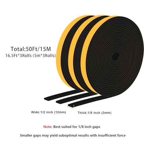Strong Adhesive Insulation Tape, High Density Foam Weather Stripping Door Seal, Door Seal for Doors and Windows, Soundproof Weatherproof Foam Seal Tape, Noise Reduction(1/2 In x 1/8 In x 50Ft) - size: 1/2 In x 1/8 In x 50Ft