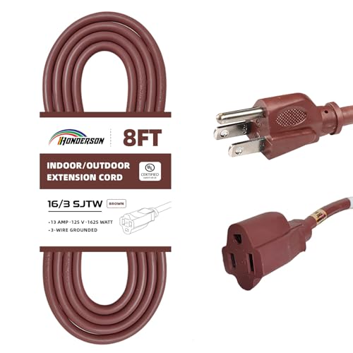 8FT Brown Outdoor Extension Cord-16/3 SJTW Durable Extension Cord for Christmas Lights with 3 Prong Grounded Plug, Great for Outside Christmas Decorations - color: Brown, size: 8FT